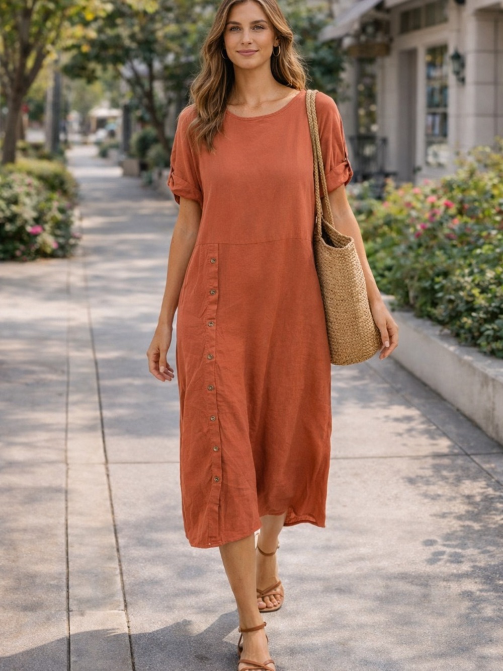 Relaxed Button-Accent Midi Dress in Rust
